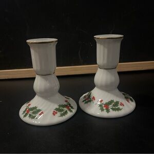 Kashima “Christmas Holly” Golden Rimmed Japanese Porcelain 2 candle holders